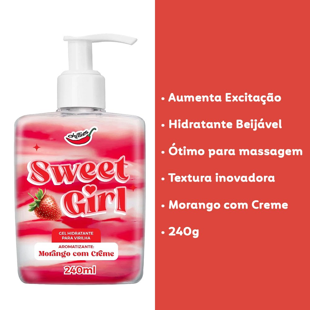 Informa��es sobre o Gel Hidratante para Virilha Sweet Girl: Aumenta excita��o, hidratante beij�vel, �timo para massagem, textura inovadora, morango com creme, 240g