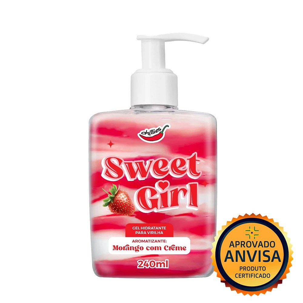 Gel Hidratante para Virilha Sweet Girl Aroma Morango com Creme 240ml mostrando o selo de APROVADO ANVISA