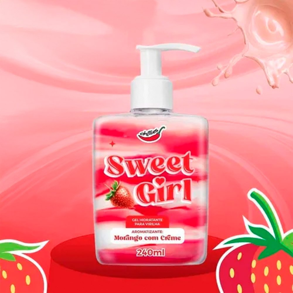 Gel Hidratante para Virilha Sweet Girl Aroma Morango com Creme 240ml em fundo rosa com morangos e splash de creme