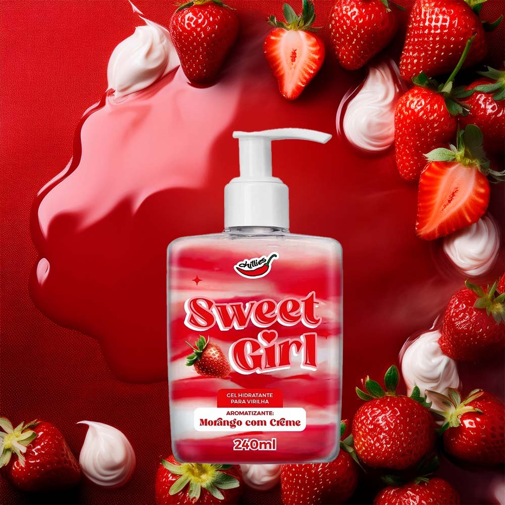 Detalhe do r�tulo do Gel Hidratante para Virilha Sweet Girl Aroma Morango com Creme 240ml