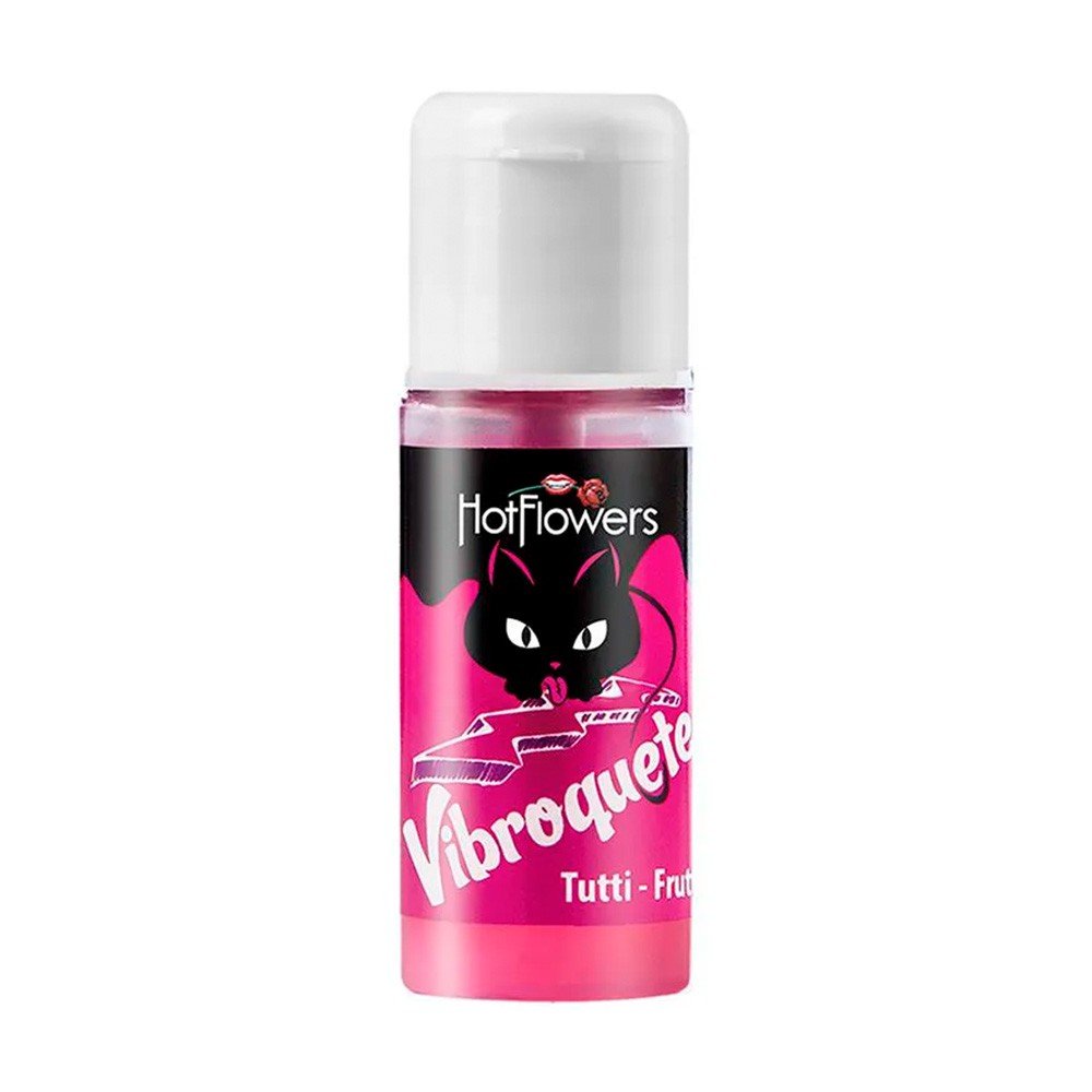 Frasco do Gel para Sexo Oral Vibroquete Tutti-Frutti (Hot Flowers) em destaque, com r�tulo de gatinho e raios