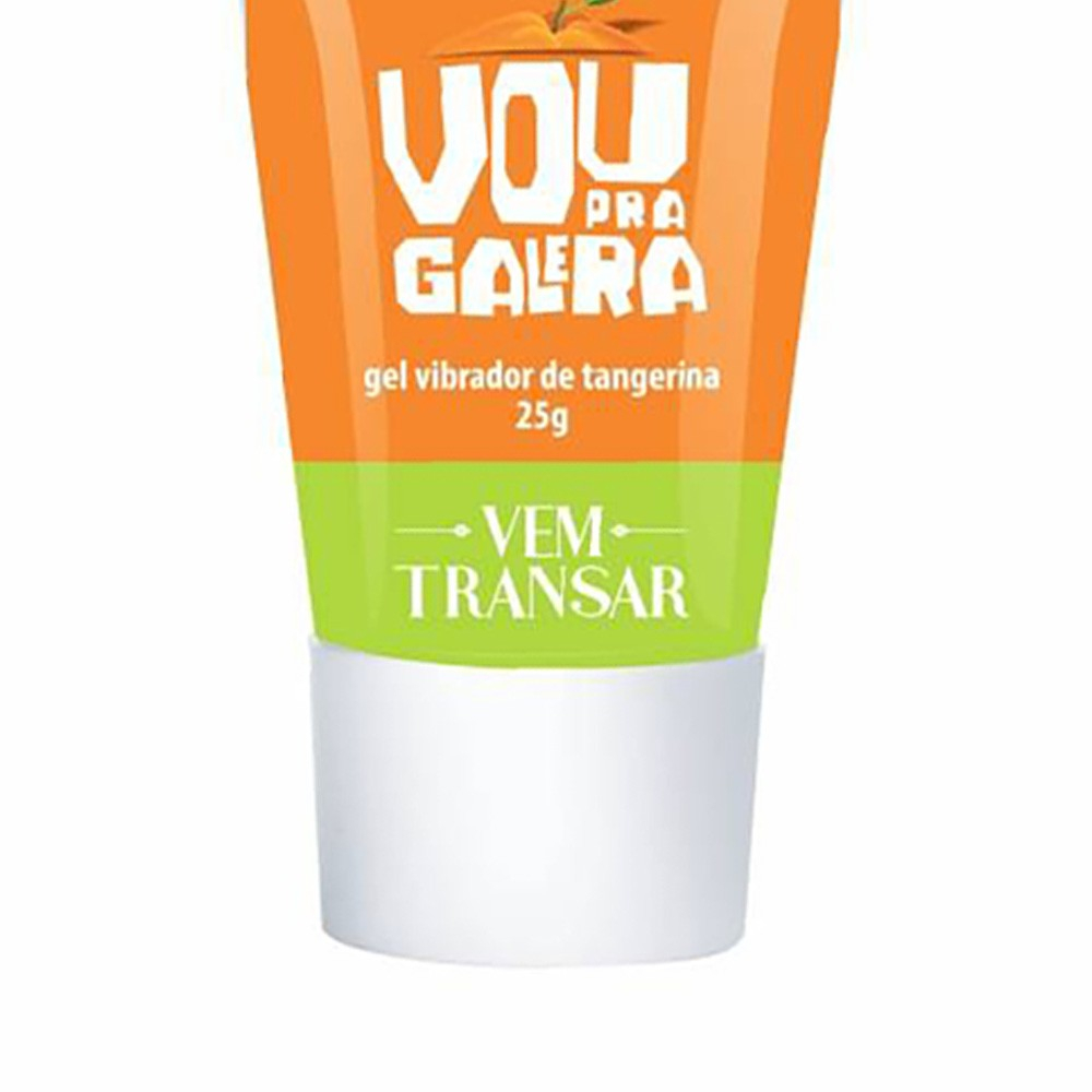 Vibrador L�quido Vou pra Galera Beij�vel Tangerina 15g em close, detalhe da embalagem com foco na marca e no texto do produto