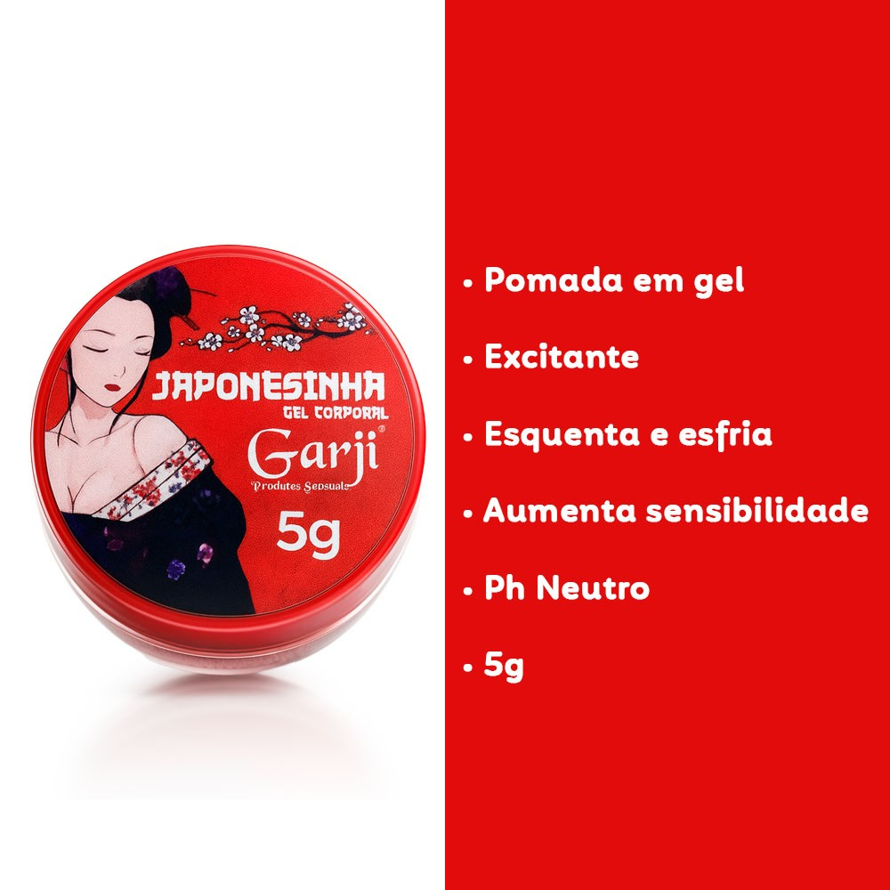 Pomada Excitante Esquenta Esfria Japonesinha 5g ao lado de uma lista de seus benef�cios, incluindo 'Pomada em gel', 'Excitante', 'Esquenta e esfria', 'Aumenta sensibilidade' e 'pH Neutro'