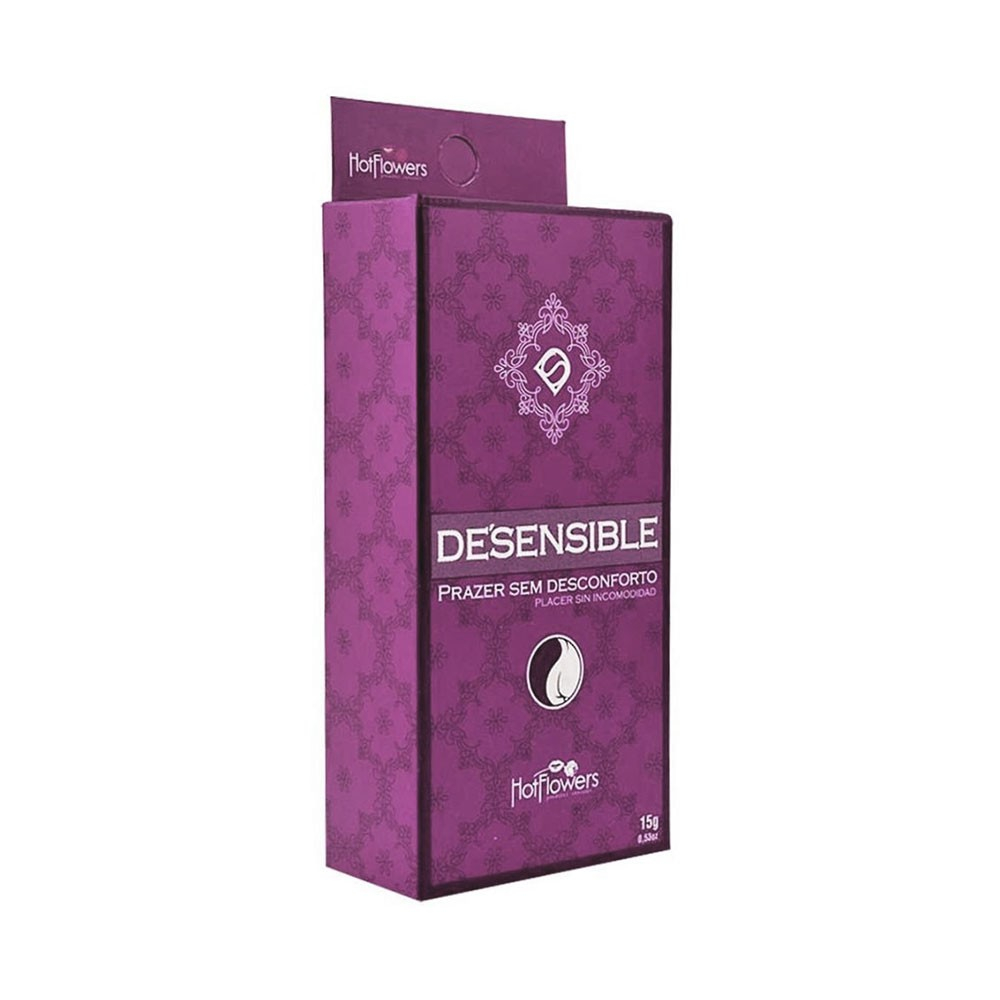 Caixa do Gel Dessensibilizante De Sensible 18ml da Hot Flowers em vista lateral, com detalhes roxos