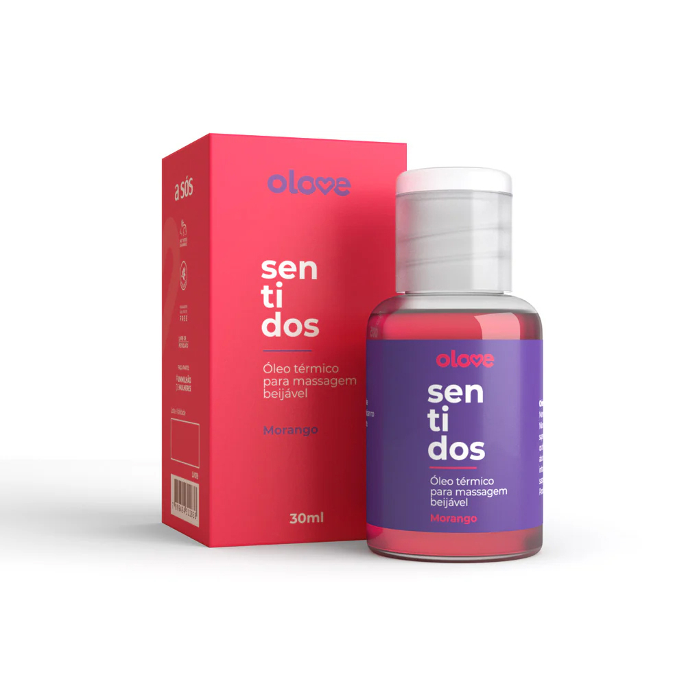 Frasco e embalagem do �leo para Massagem Sensual que Aquece Beij�vel Morango Sentidos 30ml, em fundo branco