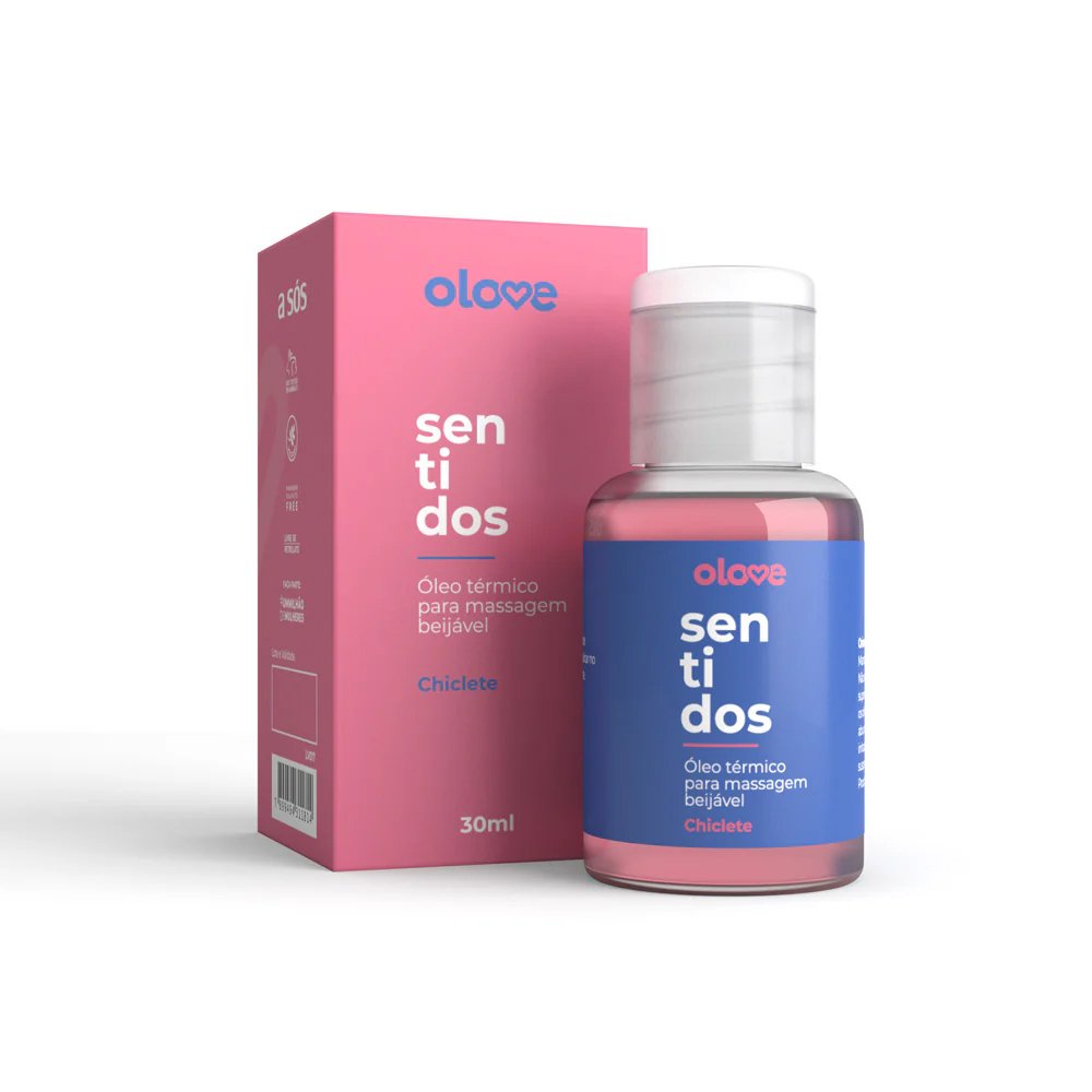 Frasco do �leo para Massagem Sensual Olove Sentidos Chiclete 30ml e sua embalagem - Vista frontal