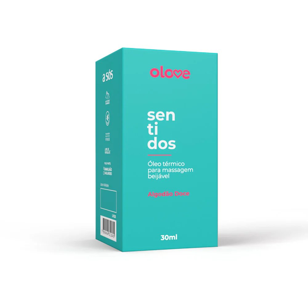 Detalhe da caixa do �leo para Massagem Sensual Olove Sentidos Algod�o Doce 30ml, verde-�gua com informa��es e logo Olove