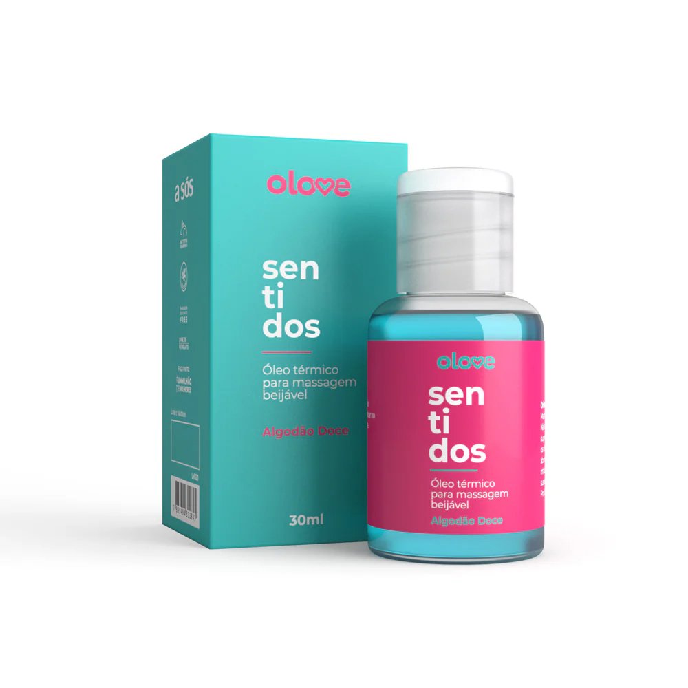 Conjunto do �leo para Massagem Sensual Olove Sentidos Algod�o Doce 30ml com frasco e caixa lado a lado