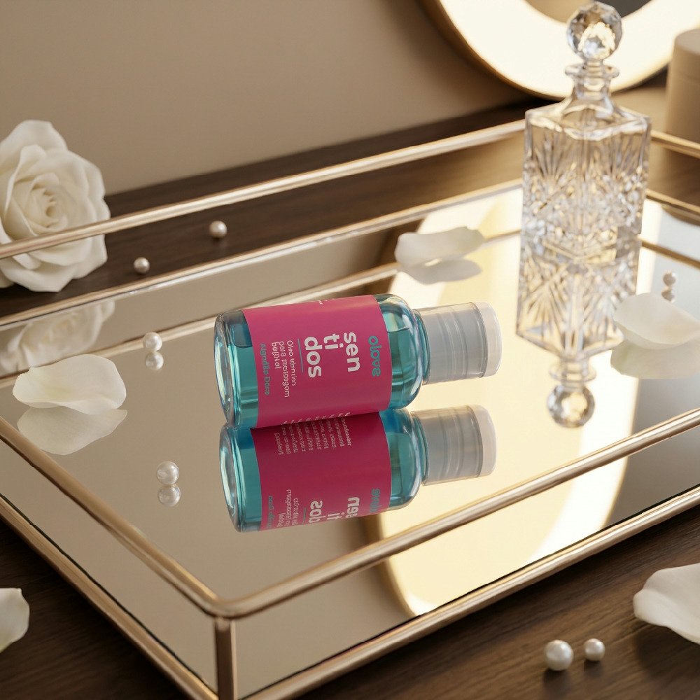 Frasco e caixa do �leo para Massagem Sensual Olove Sentidos Algod�o Doce 30ml em um ambiente com fundo suave