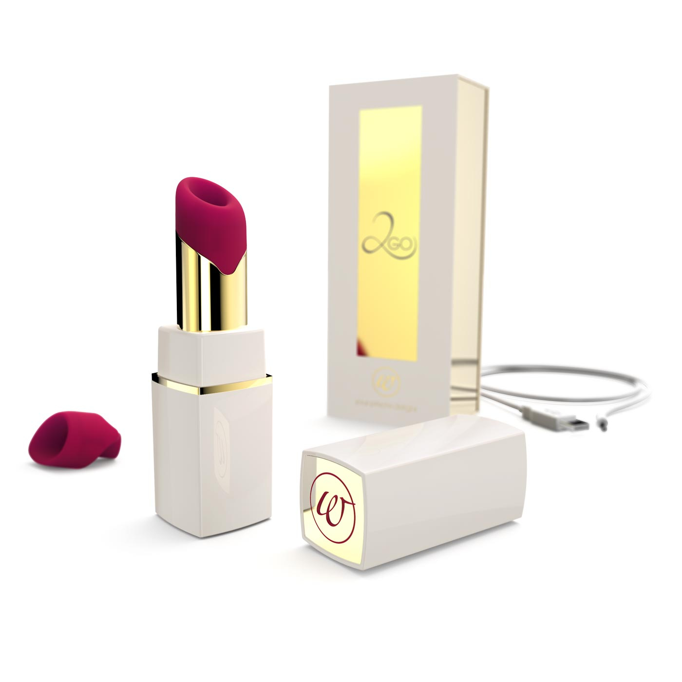 Sugador de Clitoris Womanizer 2GO Branco ao lado da sua embalagem elegante e do cabo de carregamento USB