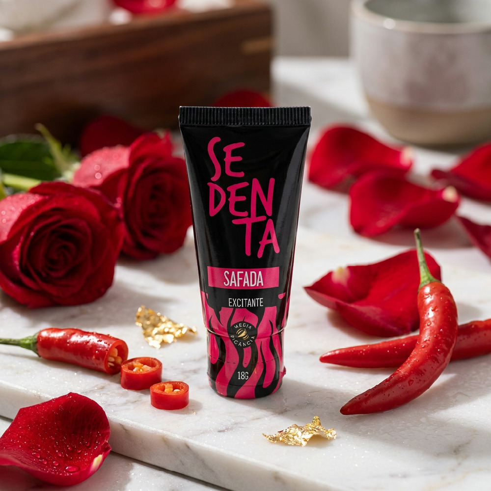 Gel Excitante Feminino Sedenta Safada Beij�vel M�dia Pic�ncia 18g - Detalhe da embalagem com a marca 'Sedenta' em rosa neon sobre fundo preto.
