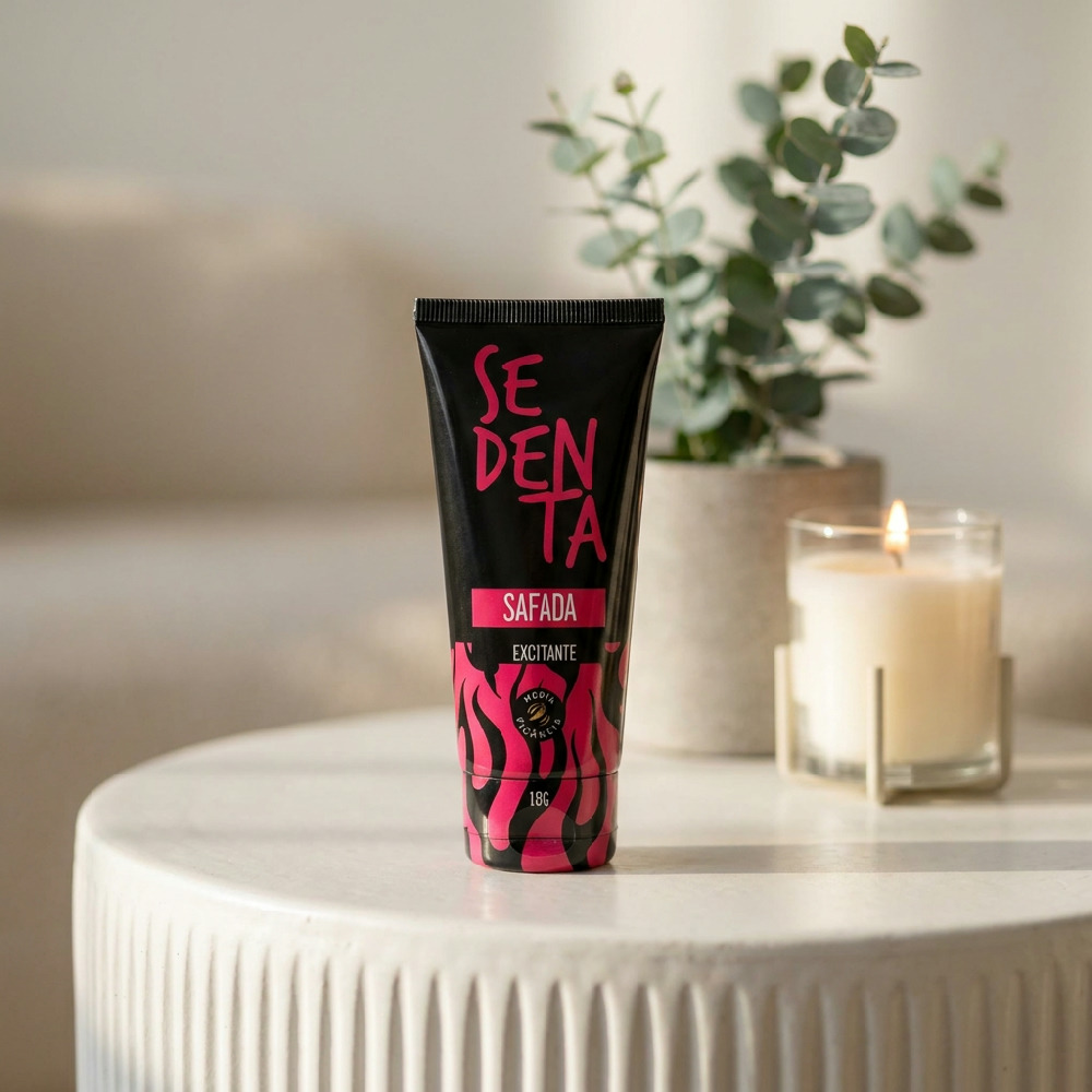 Gel Excitante Feminino Sedenta Safada Beij�vel M�dia Pic�ncia 18g - Foco na base da embalagem, mostrando o peso de '18G' e o padr�o de chamas em rosa.