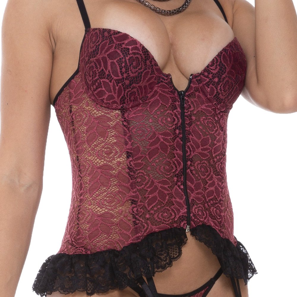 Espartilho Sensual Sexy com Aro, Bojo, Z�per e Calcinha String Simone Vinho | Detalhe da parte superior com o z�per, bojo e al�a