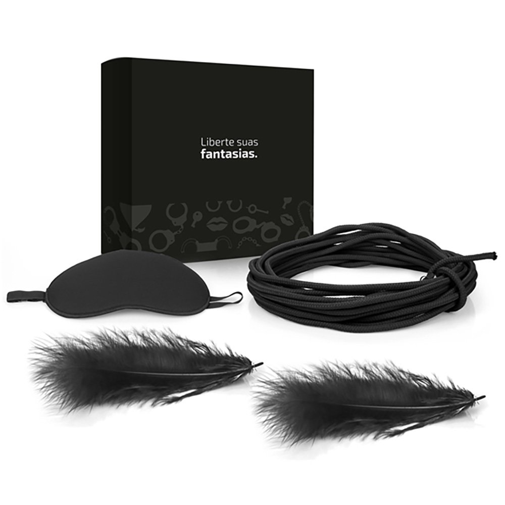 Kit Bondage Fetiche Amarradinha com Corda, Venda e Plumas Preto | Foto 01 Kit Bondage Fetiche Amarradinha com Corda, Venda e Plumas Preto | Foto 01