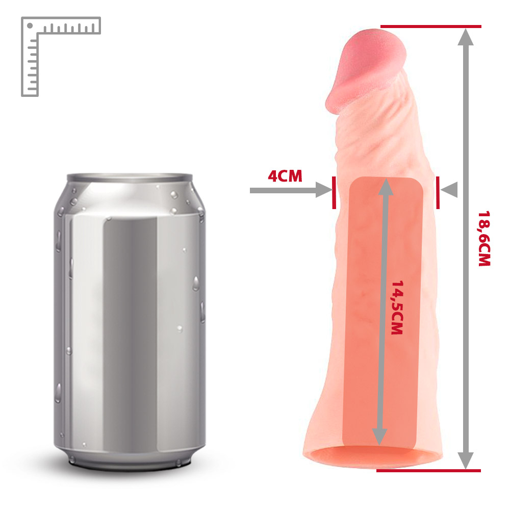 Capa Peniana sem Vibrador em Cyberskin com Extensor Interno, ilustra��o dimensional