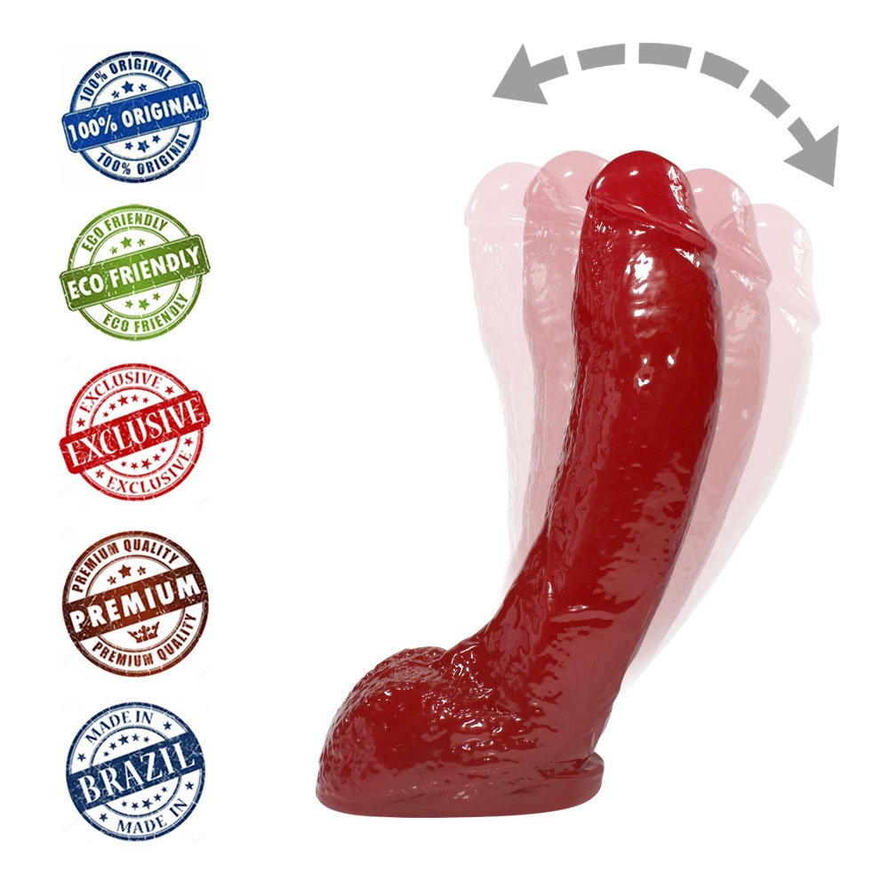P�nis Real�stico Feito em PVC Flex�vel com Escroto Ron Jeremy 21 x 4,5cm Vermelho | Base do dildo real�stico com a textura do escroto e suporte