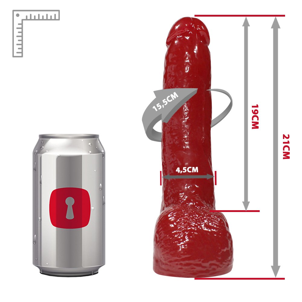 P�nis Real�stico Feito em PVC Flex�vel com Escroto Ron Jeremy 21 x 4,5cm Vermelho | Dildo completo exibindo o comprimento total e o design ergon�mico