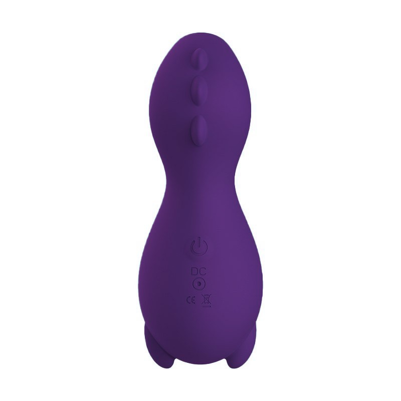Vista traseira do Pulsador de Clit�ris em Silicone Recarreg�vel Roxo, detalhando o bot�o de controle e a entrada USB para recarga