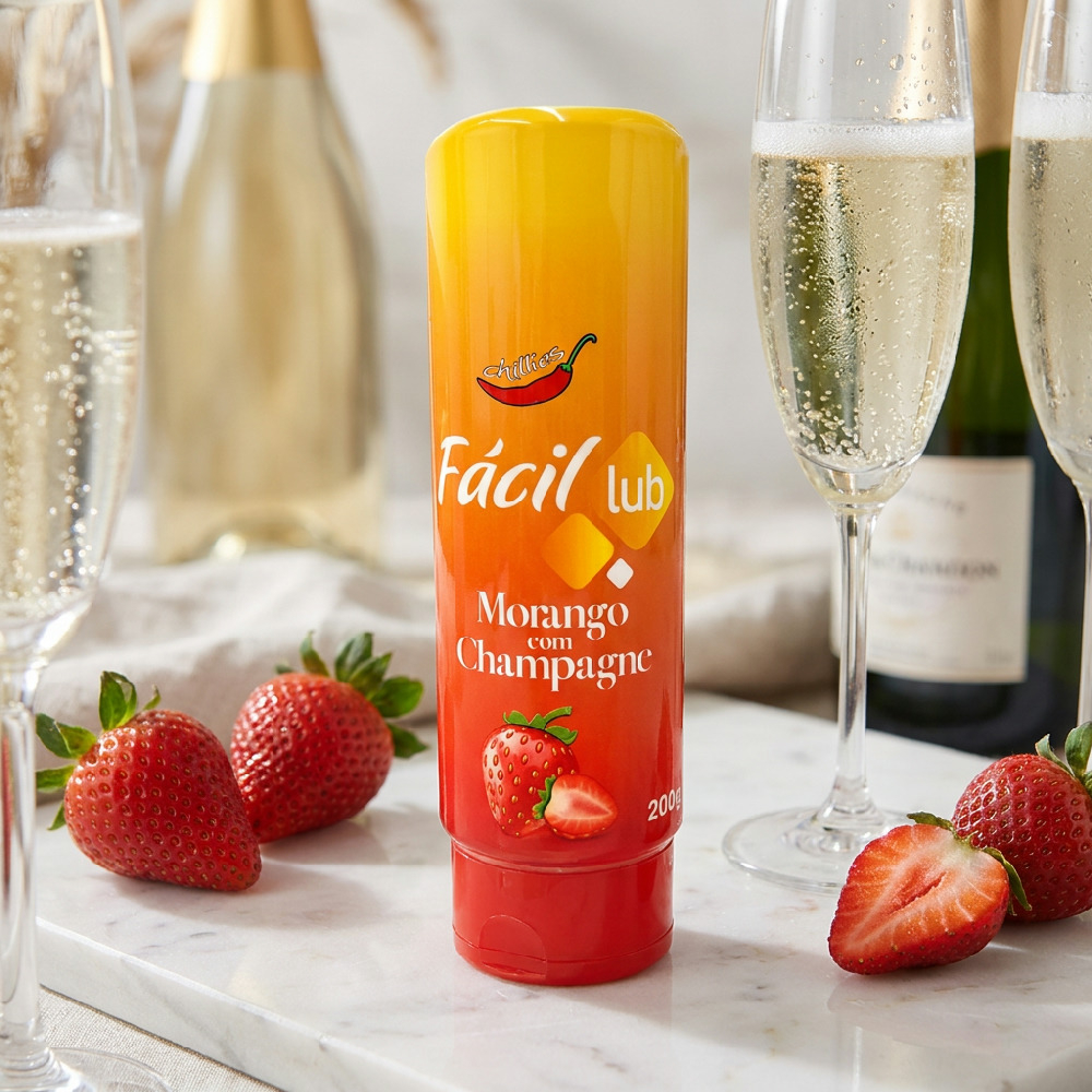 Frasco de Lubrificante F�cil Lub Sabor Morango com Champagne 200g com ta�as e garrafa de espumante, e morangos frescos ao redor