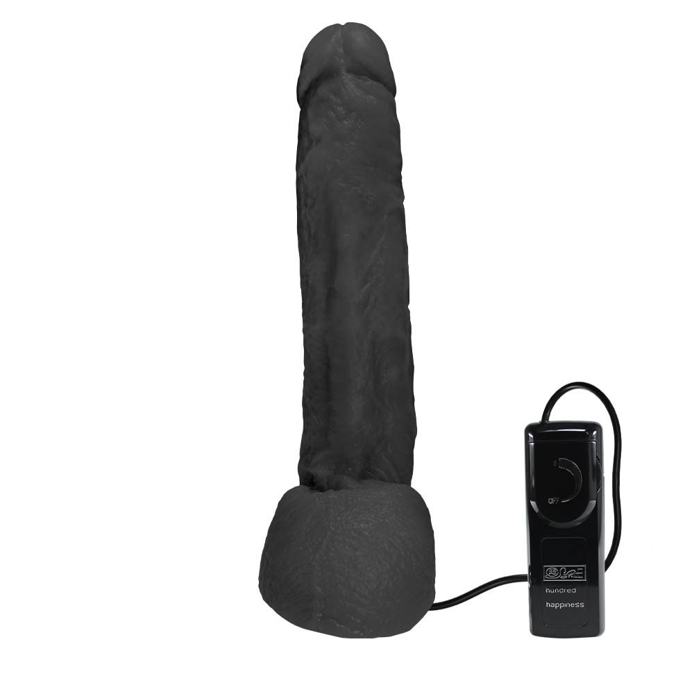 P�nis JeFree em PVC flex�vel, at�xico, com escroto, ventosa e vibrador, 25x6.5cm, preto. Vista da parte traseira com a ventosa e o vibrador.