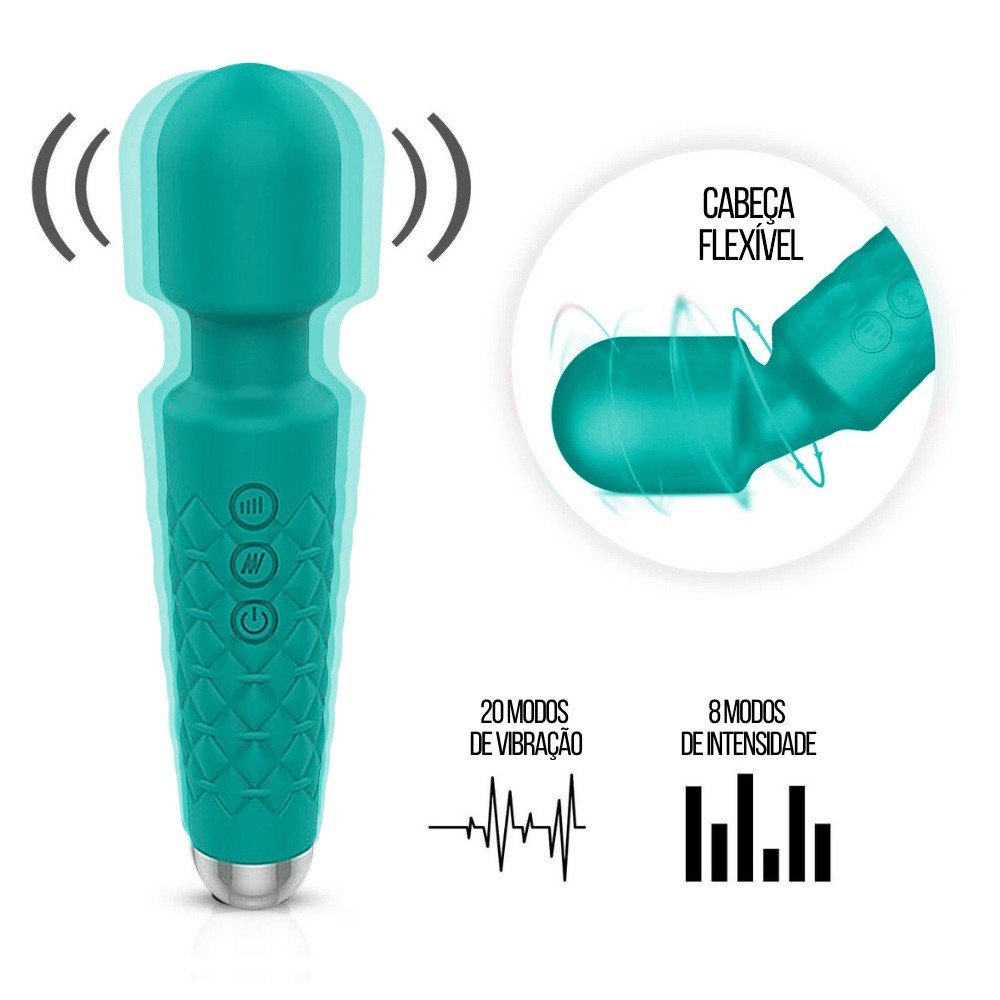 Info ilustrativa: Massageador Er�tico com cabe�a flex�vel, 20 modos de vibra��o e 8 intensidades, na cor verde
