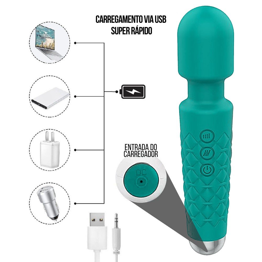 Massageador Er�tico em Silicone Recarreg�vel Verde, vista em close da cabe�a flex�vel e material de silicone