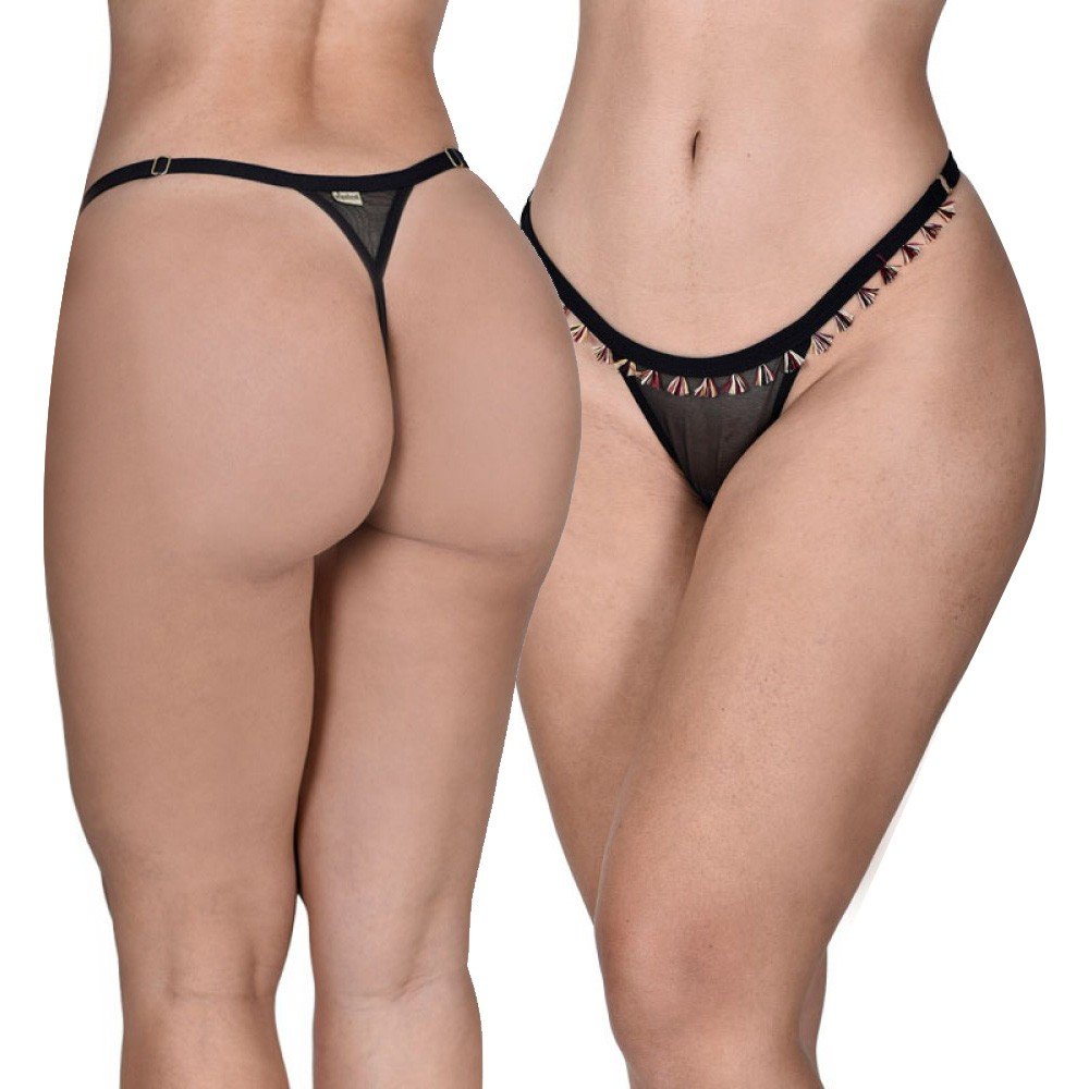 Calcinha String Fio Dental Sexy em Tule, vista traseira e frontal, detalhe dos ajustes