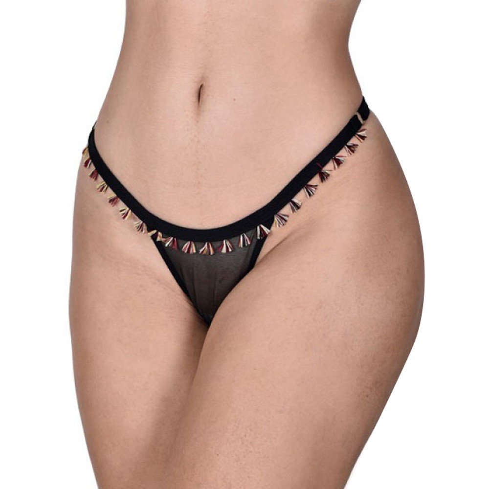 Calcinha String Fio Dental Sexy em Tule, vista frontal com foco na passamanaria
