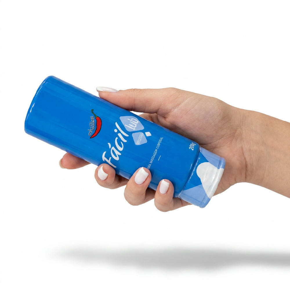 M�o segurando o Lubrificante F�cil Lub Neutro 200g, ilustrando o tamanho e a ergonomia do frasco
