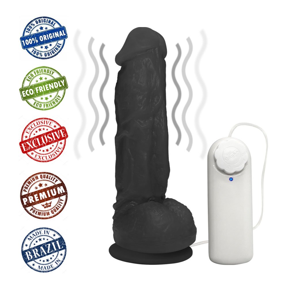 Close da textura do PVC Toque Macio do P�nis Real�stico Feito em PVC Flex�vel com Escroto, Vibrador e Ventosa King 19 x 5cm Preto