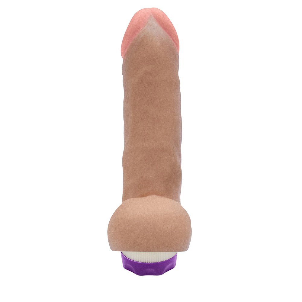 P�nis Real�stico com Vibrador HEFESTO em vista frontal detalhada, com corpo em bege e a base vibrat�ria em roxo e branco.