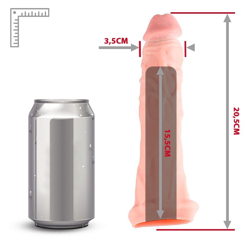 Capa Peniana sem Vibrador em Cyrberskin com Extensor 20,5 x 3,5 cm Bege | Imagem demonstrativa de dimens�es e material