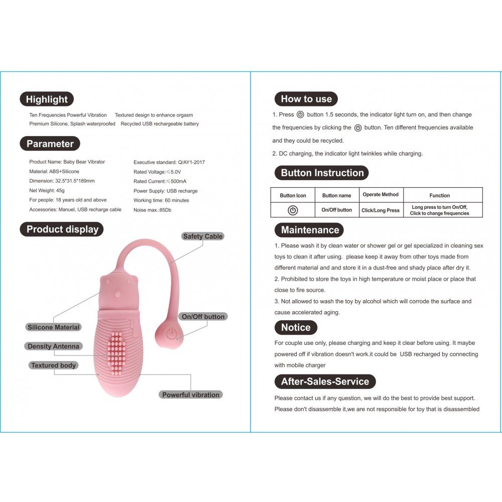 Vibrador Bullet em Silicone Recarregável com 10 Vibrações Bear Love Egg Rosa | Foto 03