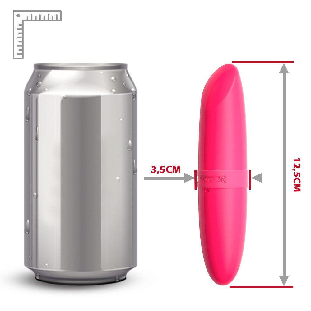 Vibrador Discreto Lipstick Pink em formato de batom, vista detalhada da base com indicacao ON/OFF e textura do ABS (plastico rigido), sobre fundo branco
