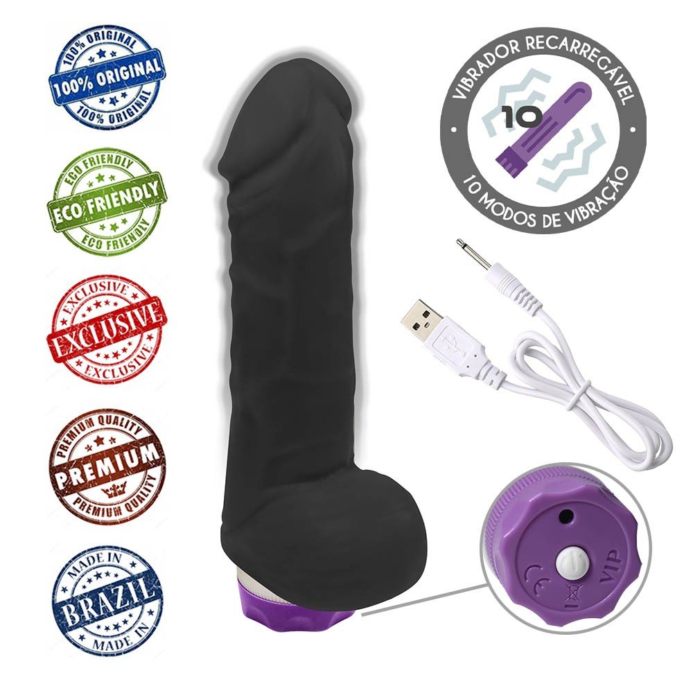 Base do P�nis Real�stico com Vibrador 10 Modos Recarreg�vel via USB HEFESTO 17 x 4cm Preto destacando estrutura firme e �rea de controle do produto