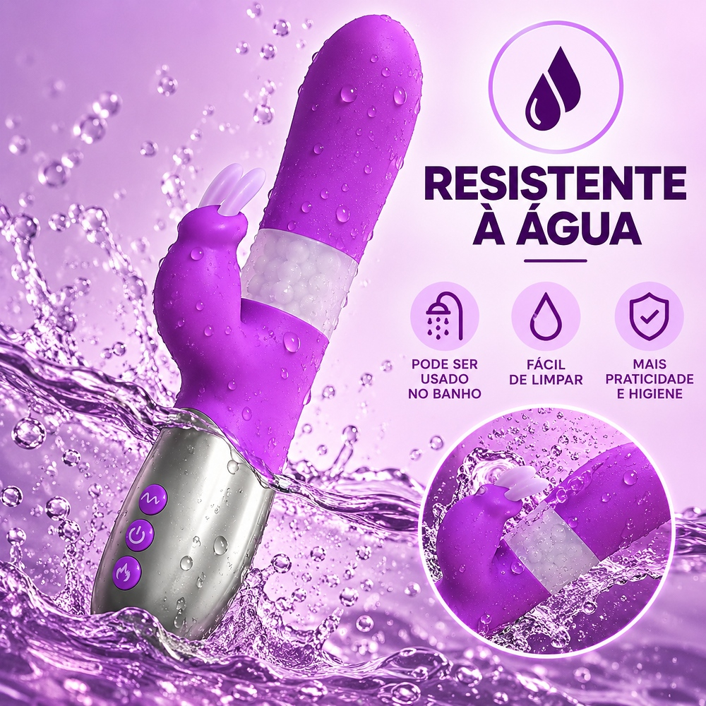 Vibrador Rabbit Roxo em ambiente com agua, destacando sua resistencia a agua e facilidade de uso no banho