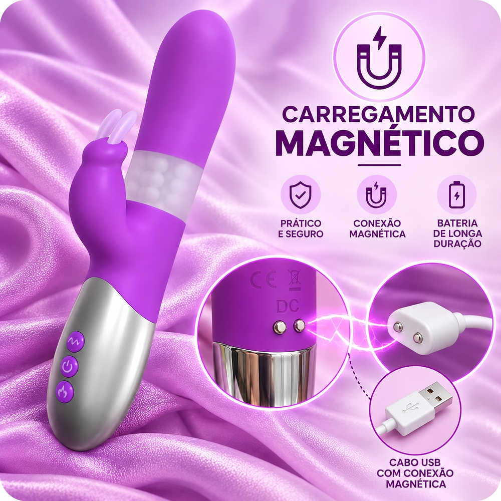 Detalhe do carregamento magnetico do Vibrador Rabbit Roxo, mostrando a conexao USB e os pontos de carregamento