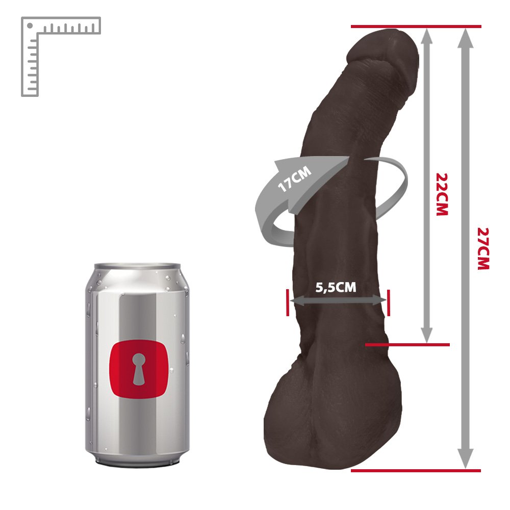 P�nis Gigante e Grosso Flex�vel com Escroto Mandingo 27 x 5,5cm Marrom em composi��o completa destacando tamanho, propor��o e design robusto do acess�rio �ntimo