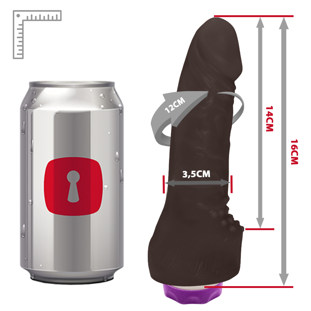 Detalhe do vibrador interno na base do P�nis Real�stico Feito em PVC Flex�vel Massageador com Vibrador 16 x 3,5cm Marrom. Cor marrom.