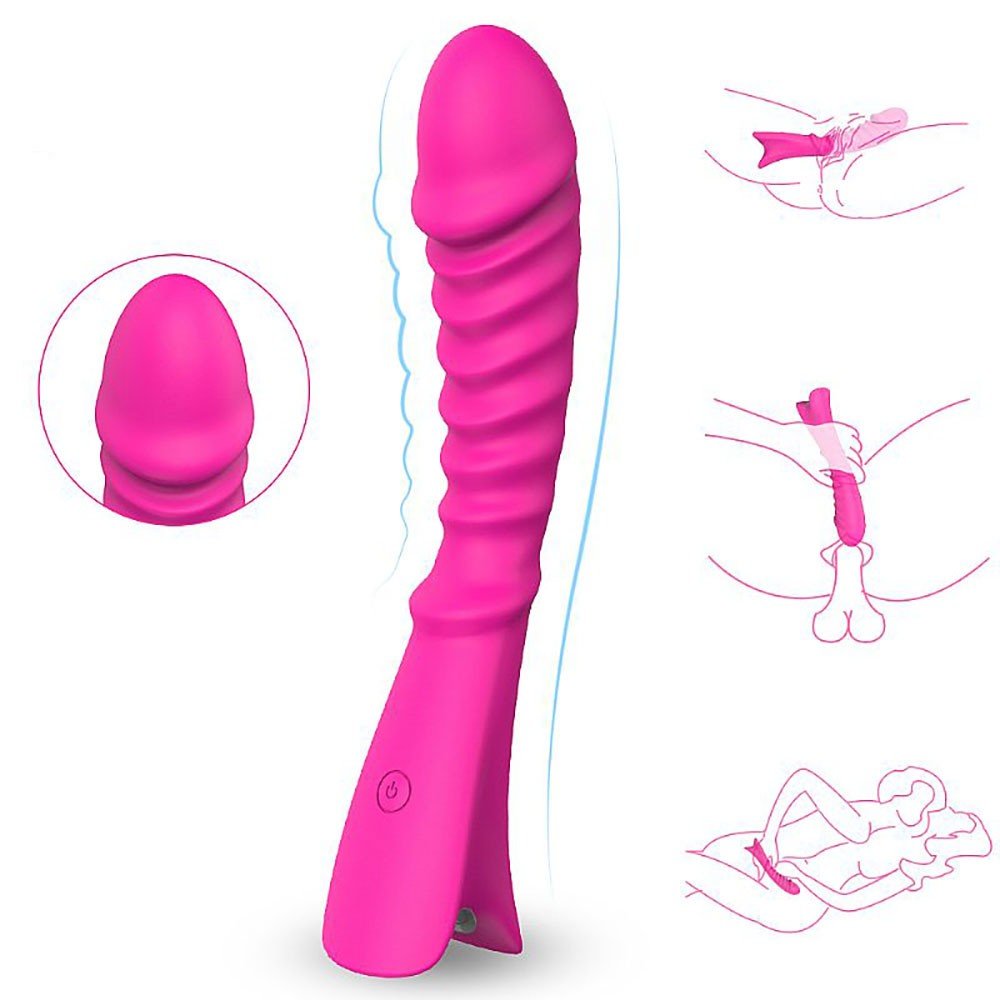 Vibrador Feminino TOPI Pink com 9 vibra��es, � prova d'�gua, mostrando seu formato ondulado e curvatura ergon�mica com ilustra��es de uso