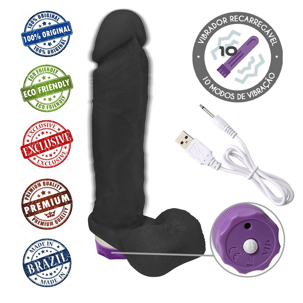 Detalle da base do P�nis Real�stico com Vibrador 10 Modos Recarreg�vel via USB DION�SIO Preto, mostrando o controle de vibra��o e �rea de recarga USB