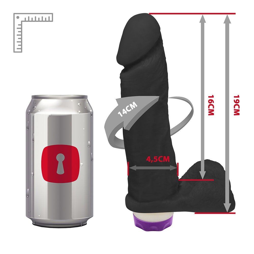 P�nis Real�stico com Vibrador 10 Modos Recarreg�vel via USB DION�SIO Preto em composi��o completa destacando tamanho, propor��o e design do acess�rio �ntimo
