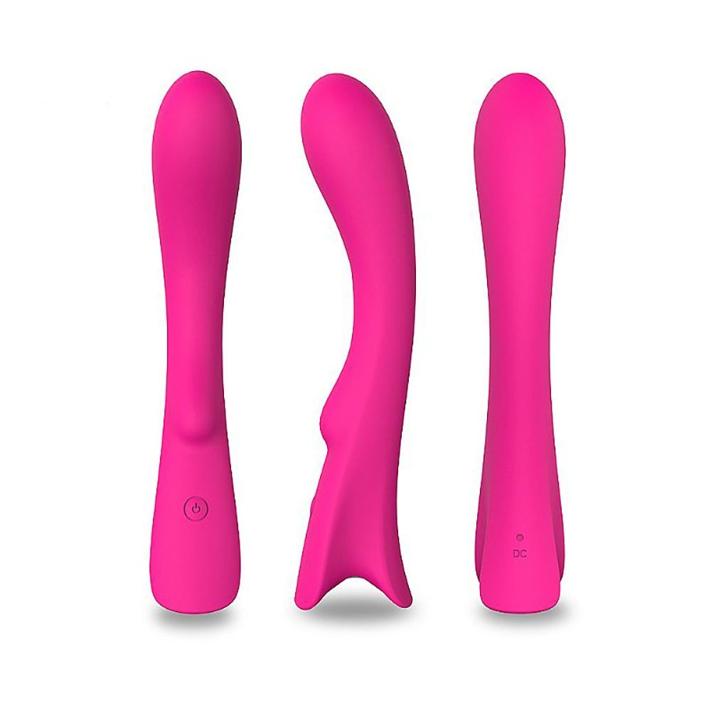 Vibrador Feminino em Silicone Recarreg�vel com 9 Vibra��es a prova D' �gua TOPS Pink - Tr�s vistas do produto (frente, lateral e costas) mostrando a forma curvil�nea e o conector de carregamento.