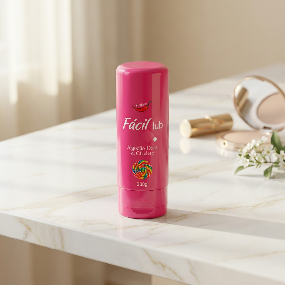 Lubrificante F�cil Lub Algod�o Doce e Chiclete 200g em ambiente de quarto sobre uma mesa, com maquiagem e flor, sugerindo um momento de autocuidado ou prepara��o