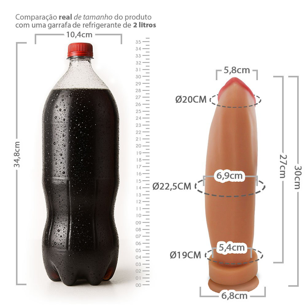 P�nis Gigante e Grosso Banana com Ventosa - Dildo em PVC flex�vel de 30 x 6,9cm bege, em vista lateral completa, demonstrando seu tamanho imponente