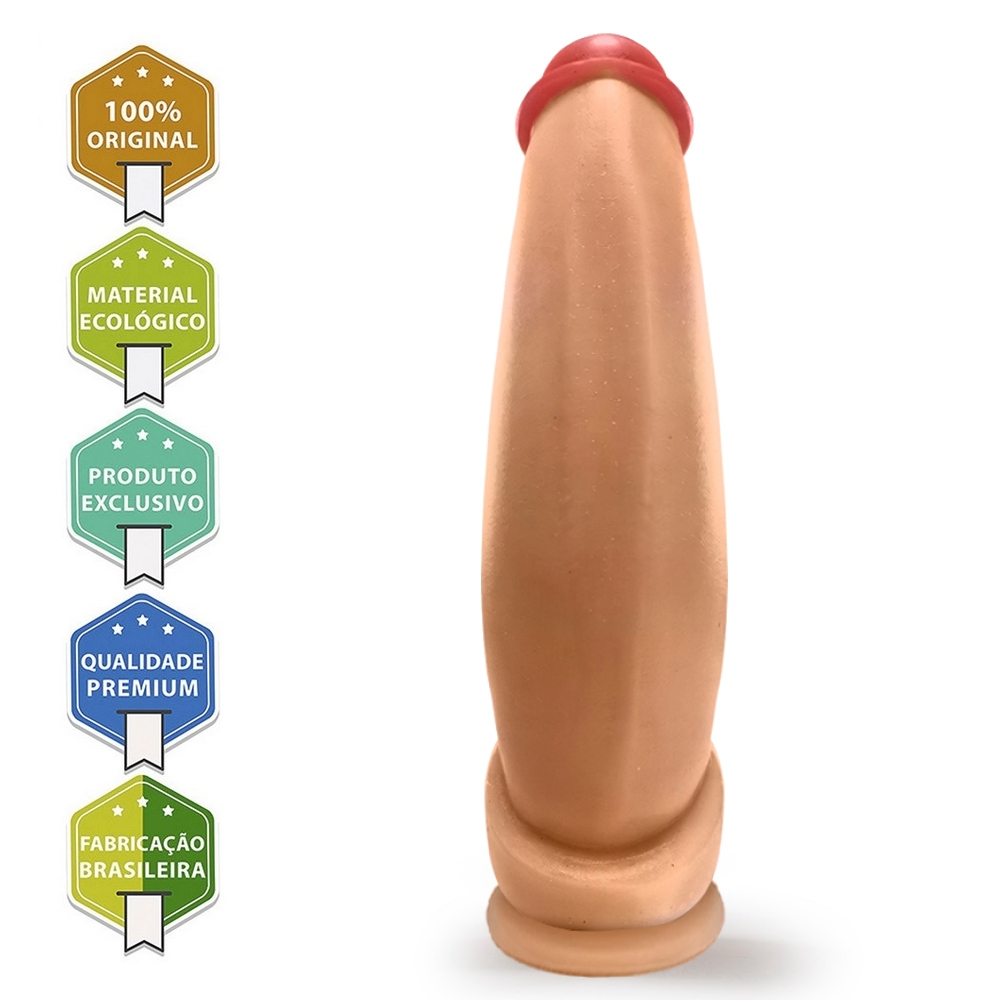 Dildo Bananinha grande e grosso com ventosa, visto de frente, com selos de qualidade e material ecol�gico ao lado