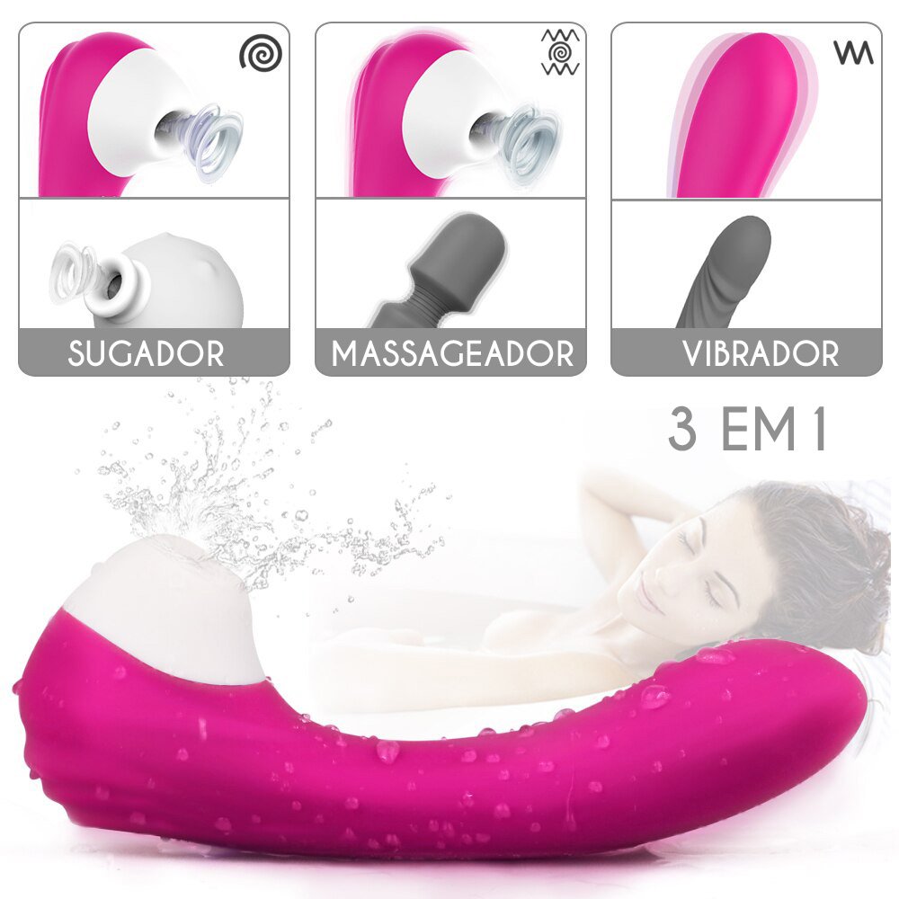 Sugador de Clit�ris e Vibrador Ponto G 3 em 1 (detalhes de suc��o, massageador e vibrador) em Silicone Recarreg�vel Screaming Pink