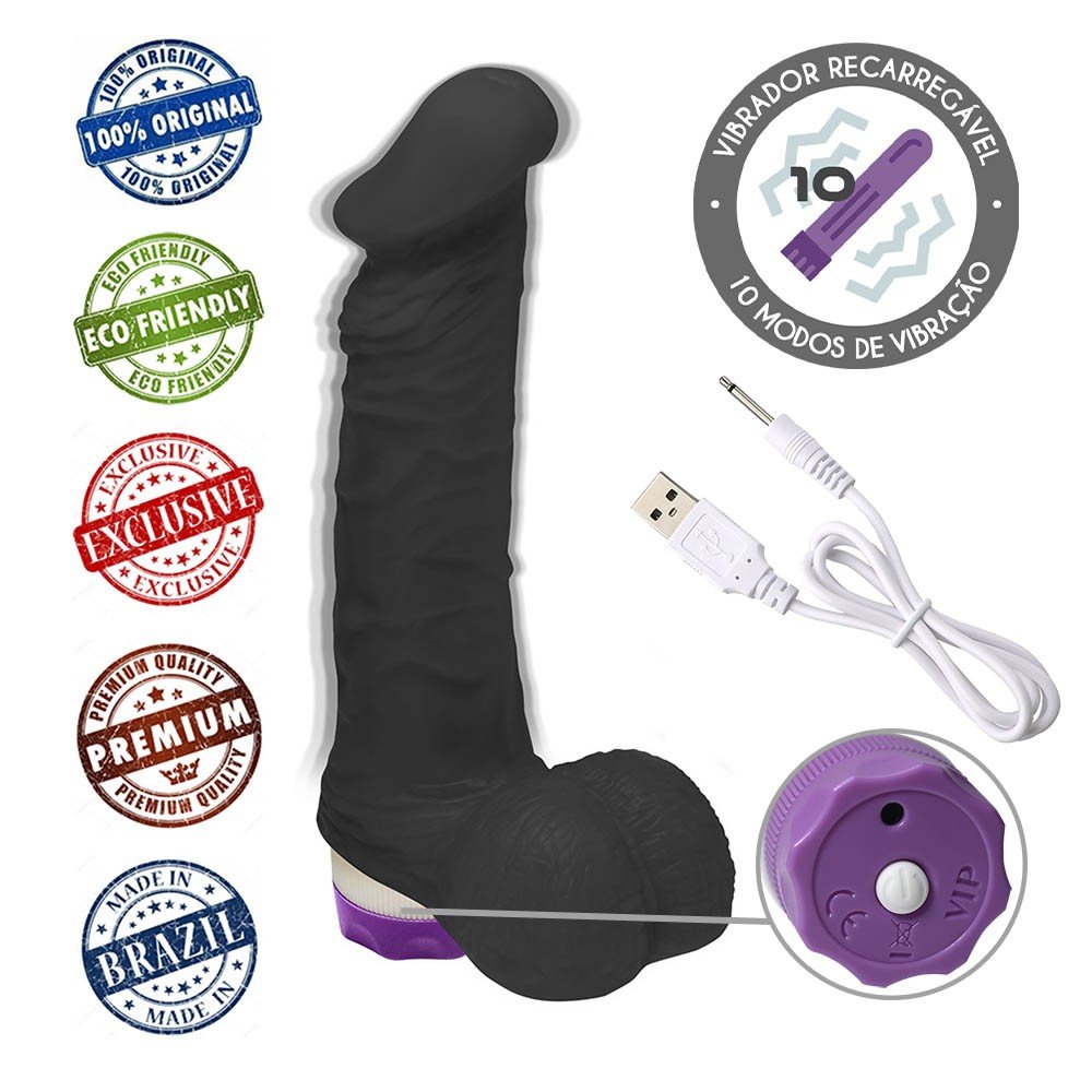 Base do P�nis com Escroto e Vibrador 10 Velocidades Recarreg�vel Zeus, destacando estrutura de controle interno e o carregador USB