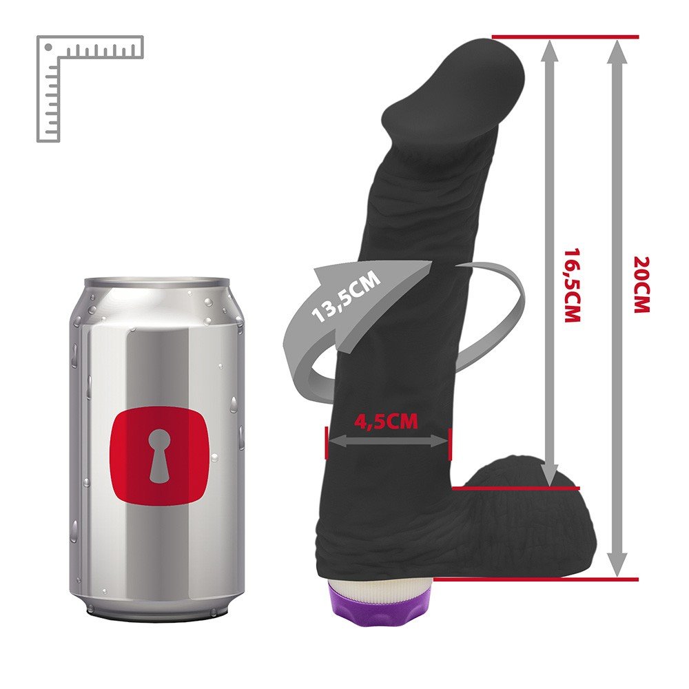 P�nis com Escroto e Vibrador 10 Velocidades Recarreg�vel Zeus em composi��o completa destacando tamanho, propor��o e design do acess�rio �ntimo na cor preta