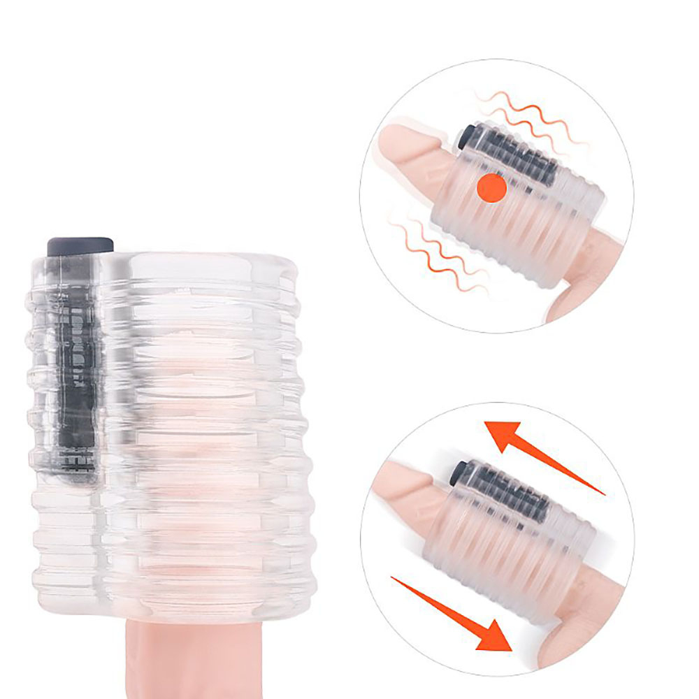 Capa Peniana Vazada Transparente com Textura e 9 Modos de Vibra��o Recarreg�vel - vista lateral mostrando o motor vibrat�rio e o material em jelly